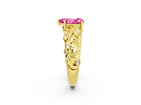 Yellow gold Pear Cut Solitaire Pink Sapphire Leaf-Inspired Vine Band Ring with Prong Setting_26