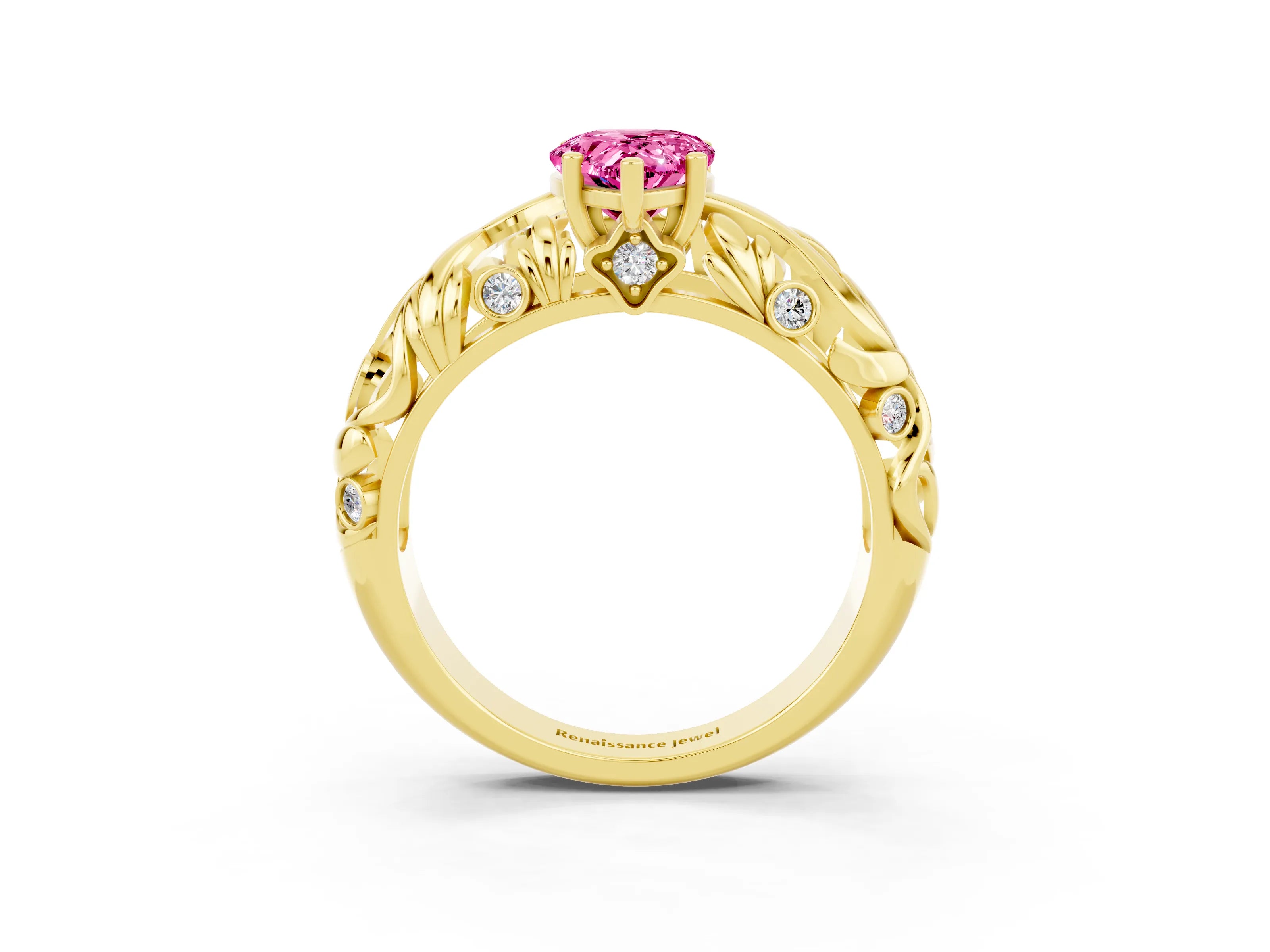 Yellow gold Pear Cut Solitaire Pink Sapphire Leaf-Inspired Vine Band Ring with Prong Setting_27