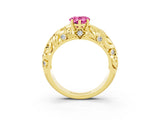 Yellow gold Pear Cut Solitaire Pink Sapphire Leaf-Inspired Vine Band Ring with Prong Setting_27