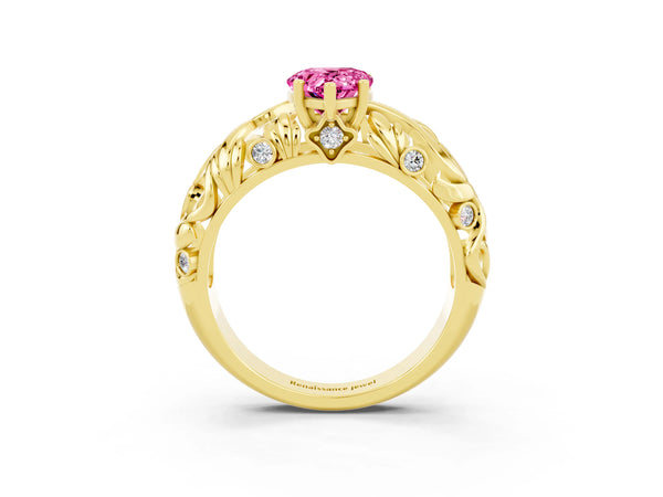 Yellow gold Pear Cut Solitaire Pink Sapphire Leaf-Inspired Vine Band Ring with Prong Setting