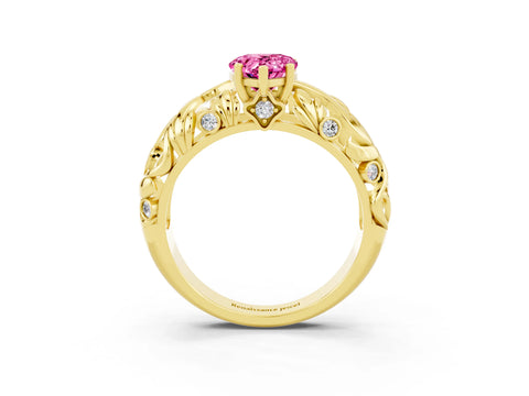 Yellow gold Pear Cut Solitaire Pink Sapphire Leaf-Inspired Vine Band Ring with Prong Setting_27