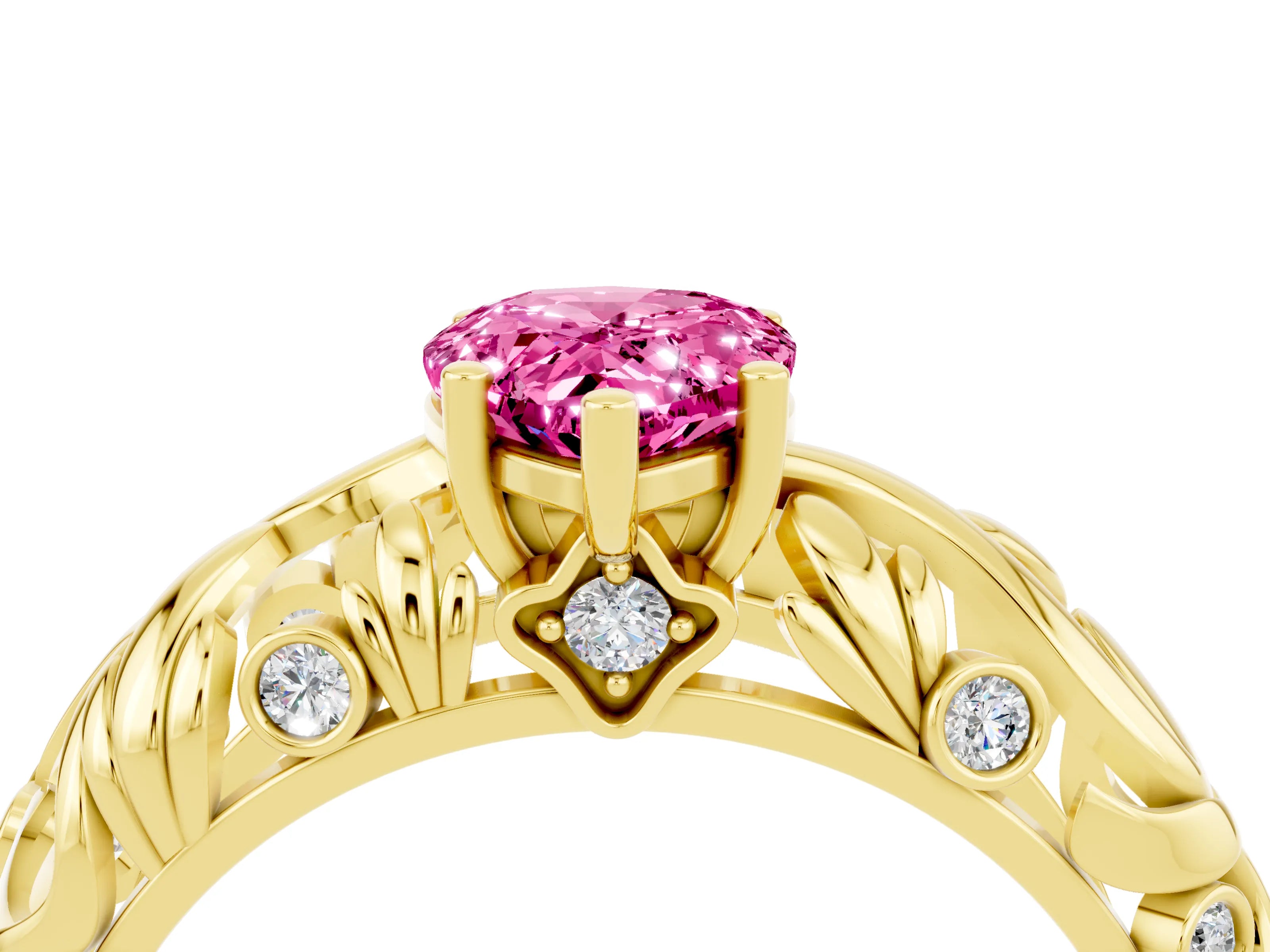 Yellow gold Pear Cut Solitaire Pink Sapphire Leaf-Inspired Vine Band Ring with Prong Setting_28