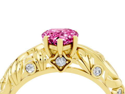 Yellow gold Pear Cut Solitaire Pink Sapphire Leaf-Inspired Vine Band Ring with Prong Setting_28