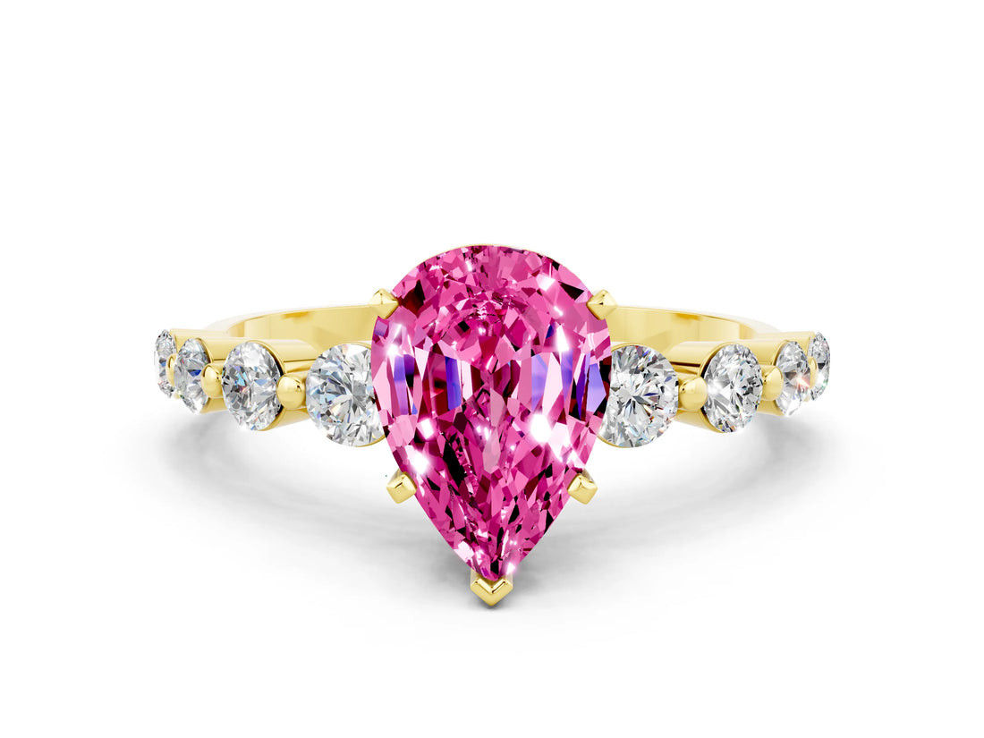 Yellow gold Pear Cut Solitaire Pink Sapphire Ring with Pave Band and Four-Prong Setting_24