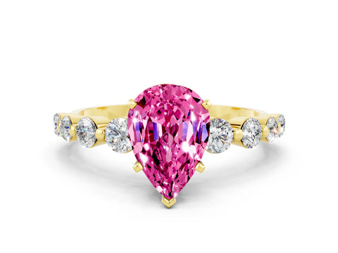 Yellow gold Pear Cut Solitaire Pink Sapphire Ring with Pave Band and Four-Prong Setting_24