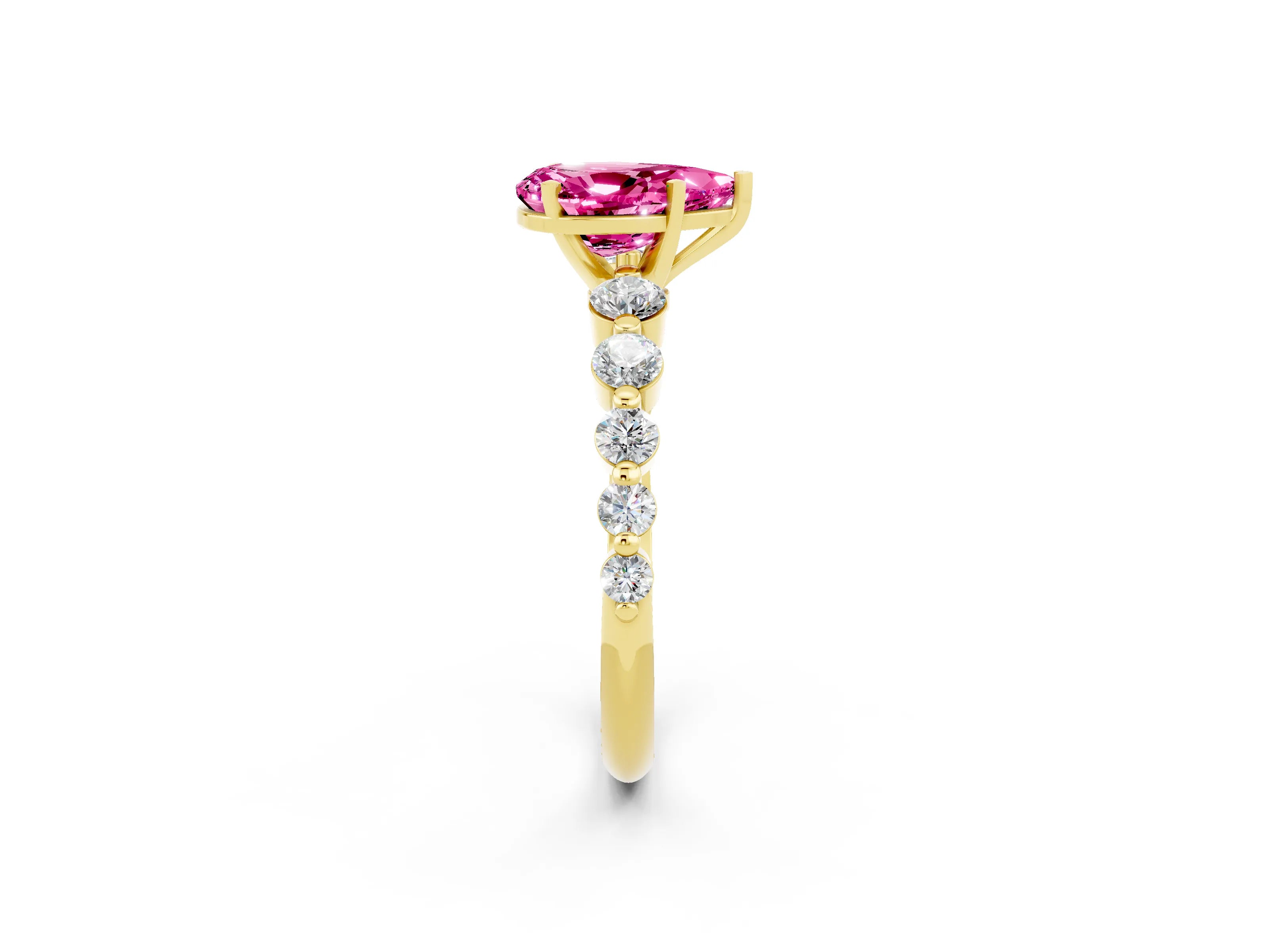 Yellow gold Pear Cut Solitaire Pink Sapphire Ring with Pave Band and Four-Prong Setting_26