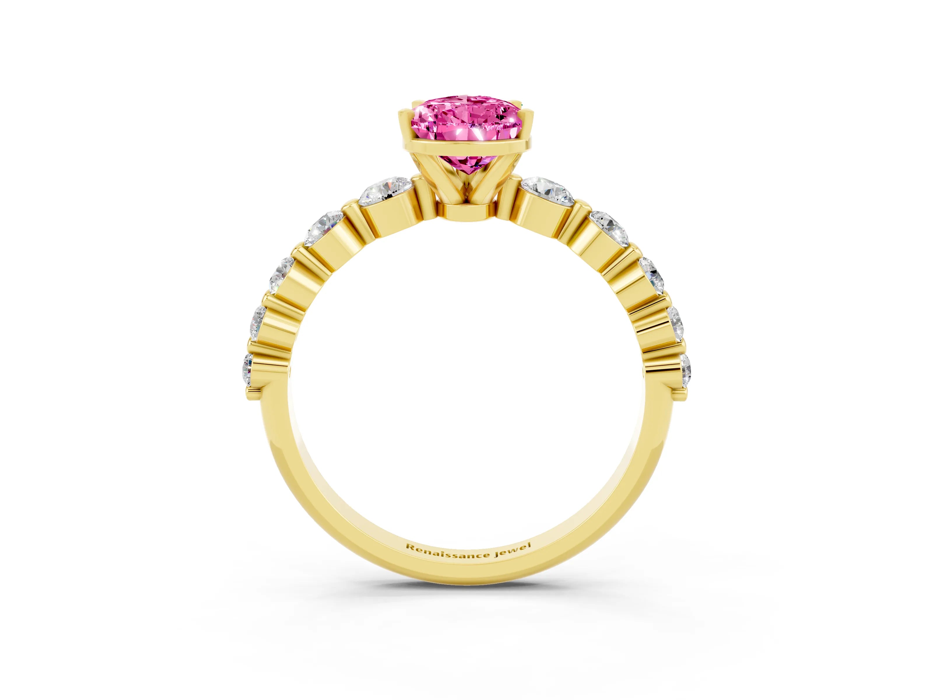 Yellow gold Pear Cut Solitaire Pink Sapphire Ring with Pave Band and Four-Prong Setting_27