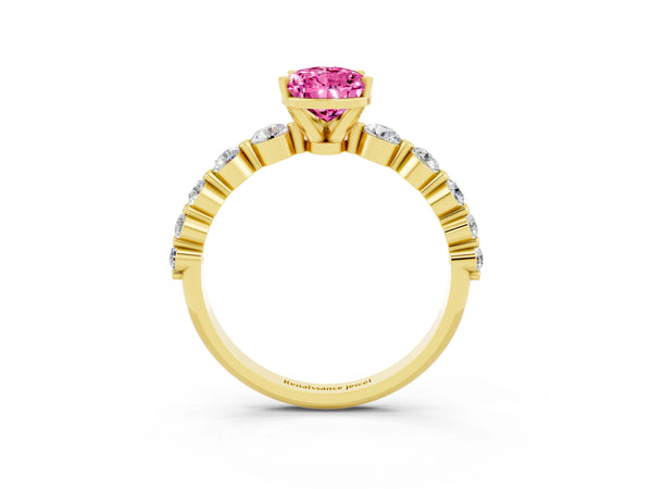 Yellow gold Pear Cut Solitaire Pink Sapphire Ring with Pave Band and Four-Prong Setting