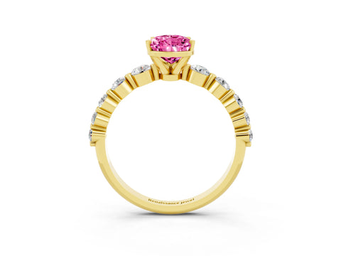 Yellow gold Pear Cut Solitaire Pink Sapphire Ring with Pave Band and Four-Prong Setting_27