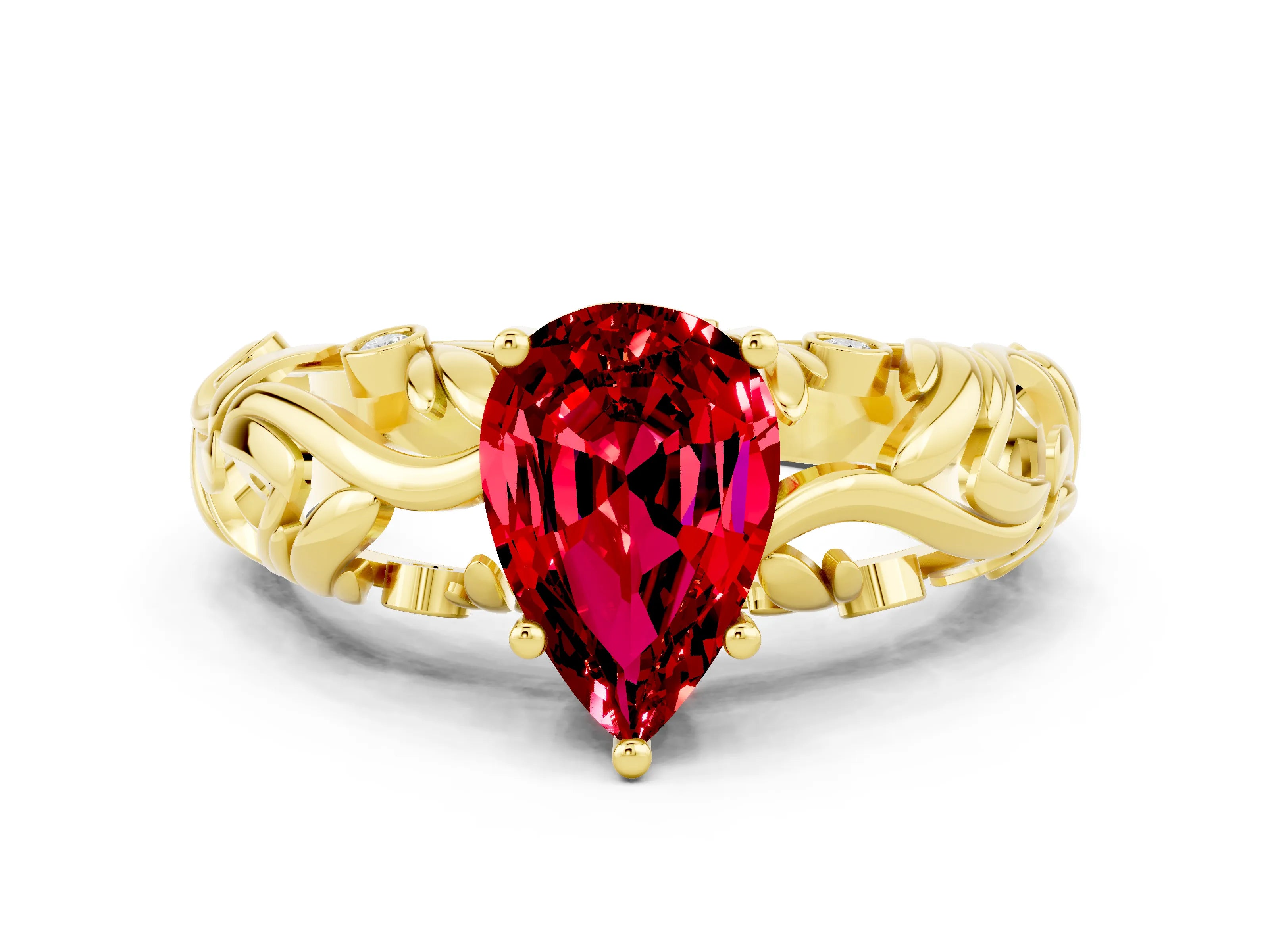 Yellow gold Pear Cut Solitaire Ruby Leaf-Inspired Vine Band Ring with Prong Setting