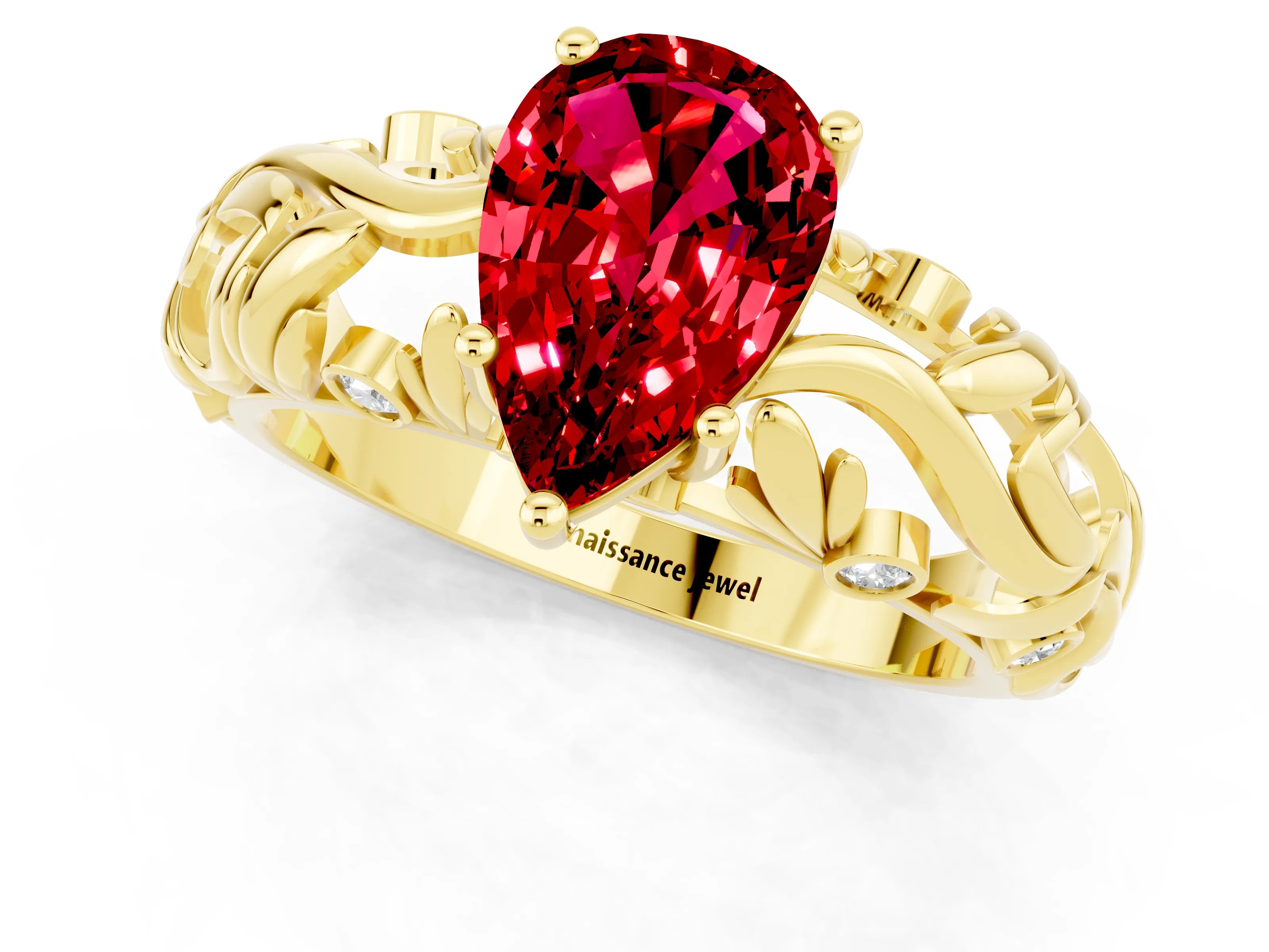 Yellow gold Pear Cut Solitaire Ruby Leaf-Inspired Vine Band Ring with Prong Setting_1