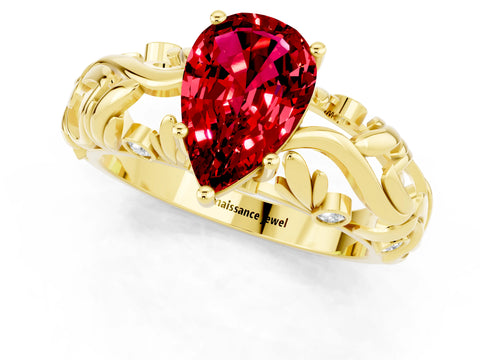 Yellow gold Pear Cut Solitaire Ruby Leaf-Inspired Vine Band Ring with Prong Setting_1