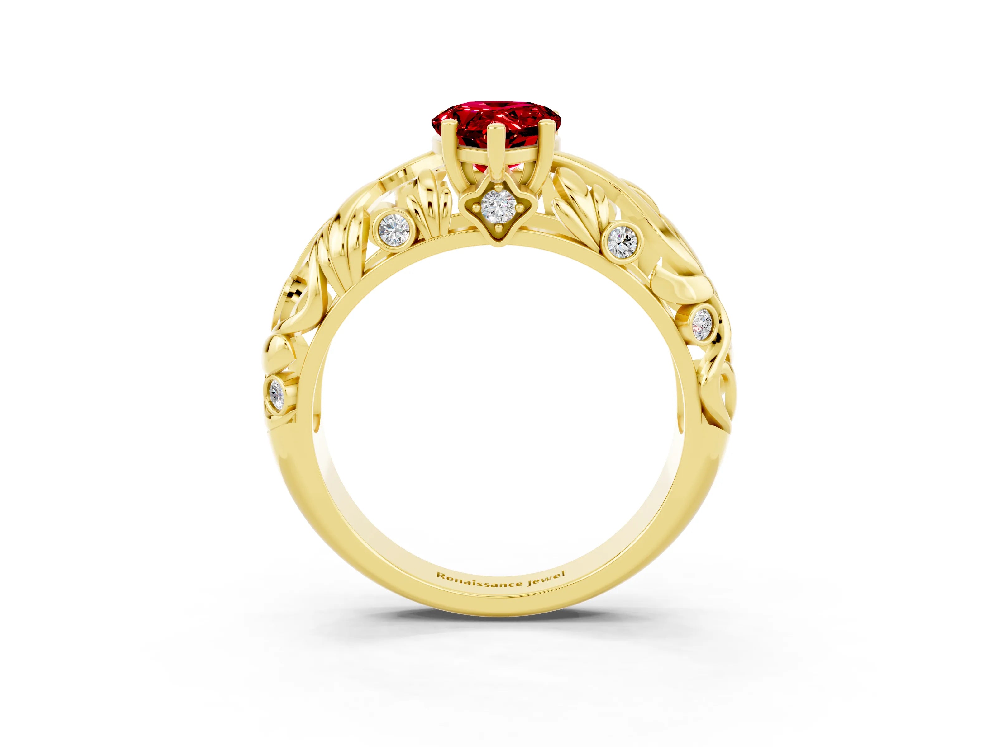 Yellow gold Pear Cut Solitaire Ruby Leaf-Inspired Vine Band Ring with Prong Setting_3