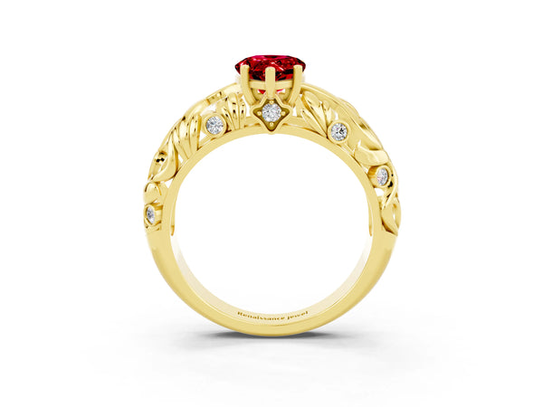 Yellow gold Pear Cut Solitaire Ruby Leaf-Inspired Vine Band Ring with Prong Setting