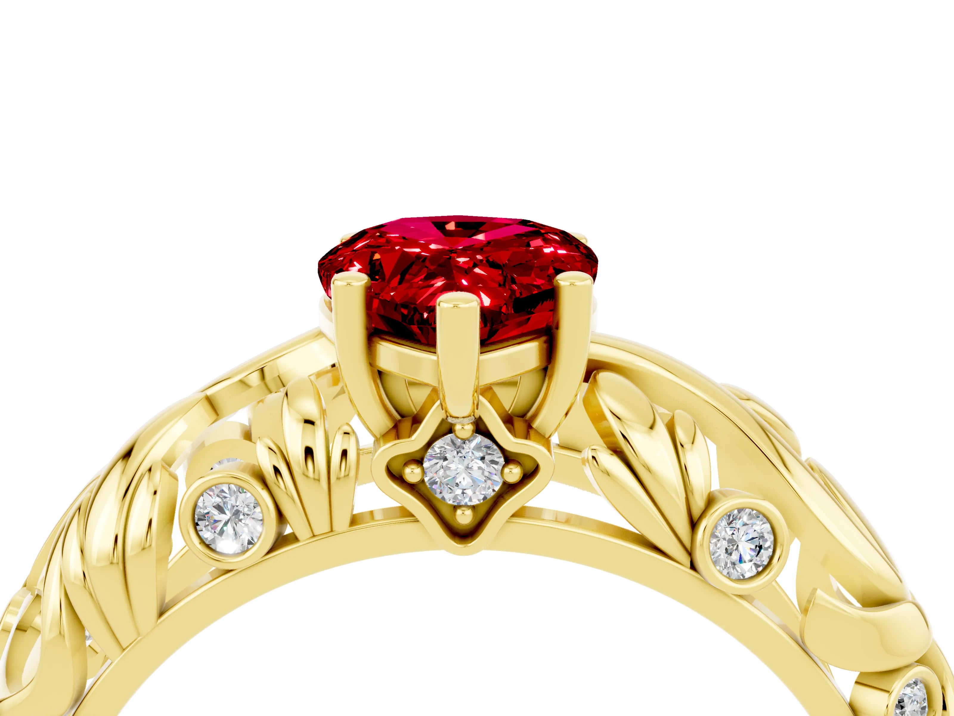 Yellow gold Pear Cut Solitaire Ruby Leaf-Inspired Vine Band Ring with Prong Setting_4