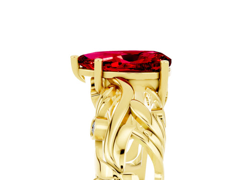Yellow gold Pear Cut Solitaire Ruby Leaf-Inspired Vine Band Ring with Prong Setting_5
