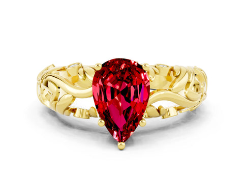 Yellow gold Pear Cut Solitaire Ruby Leaf-Inspired Vine Band Ring with Prong Setting