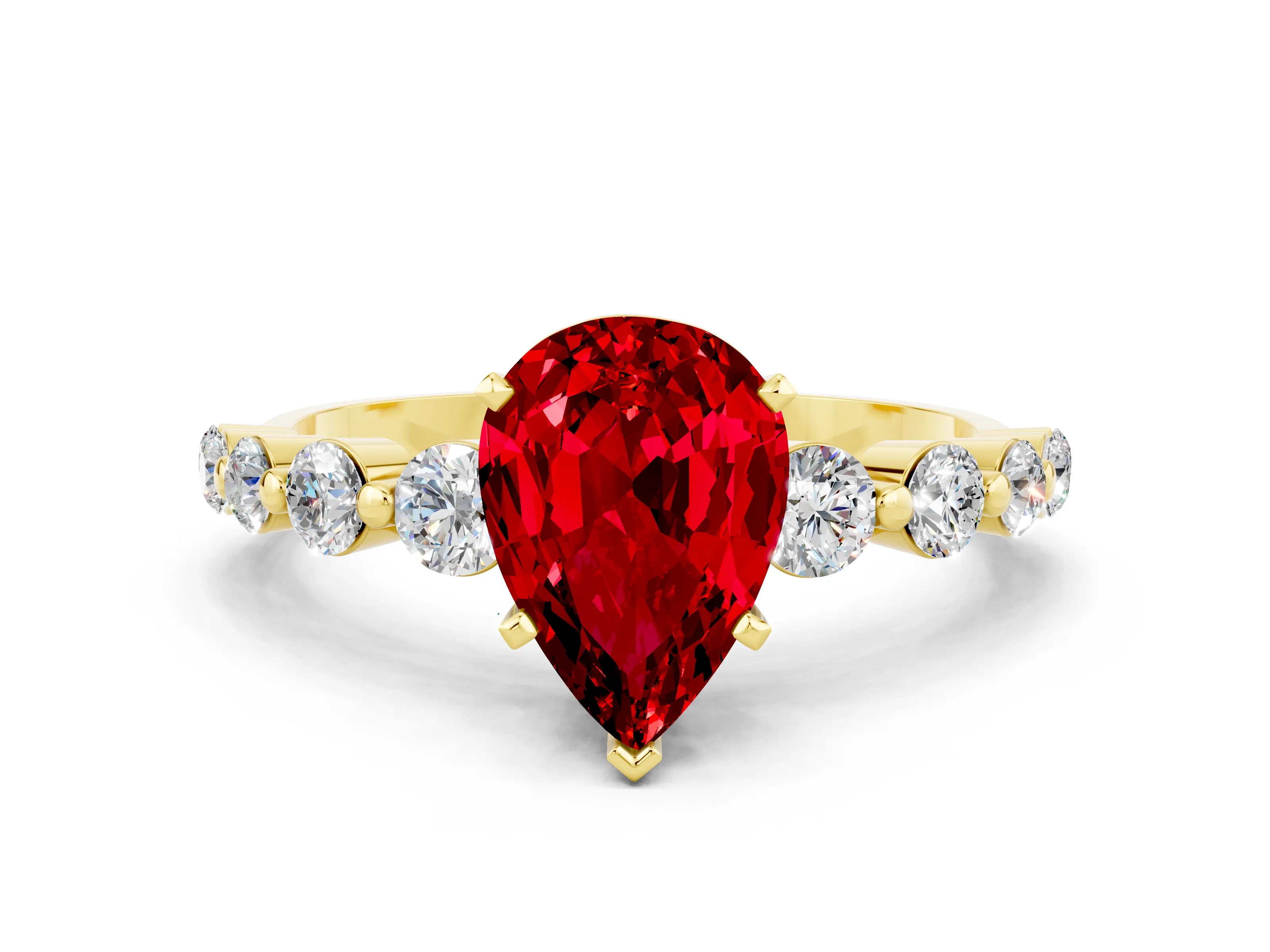 Yellow gold Pear Cut Solitaire Ruby Ring with Pave Band and Four-Prong Setting