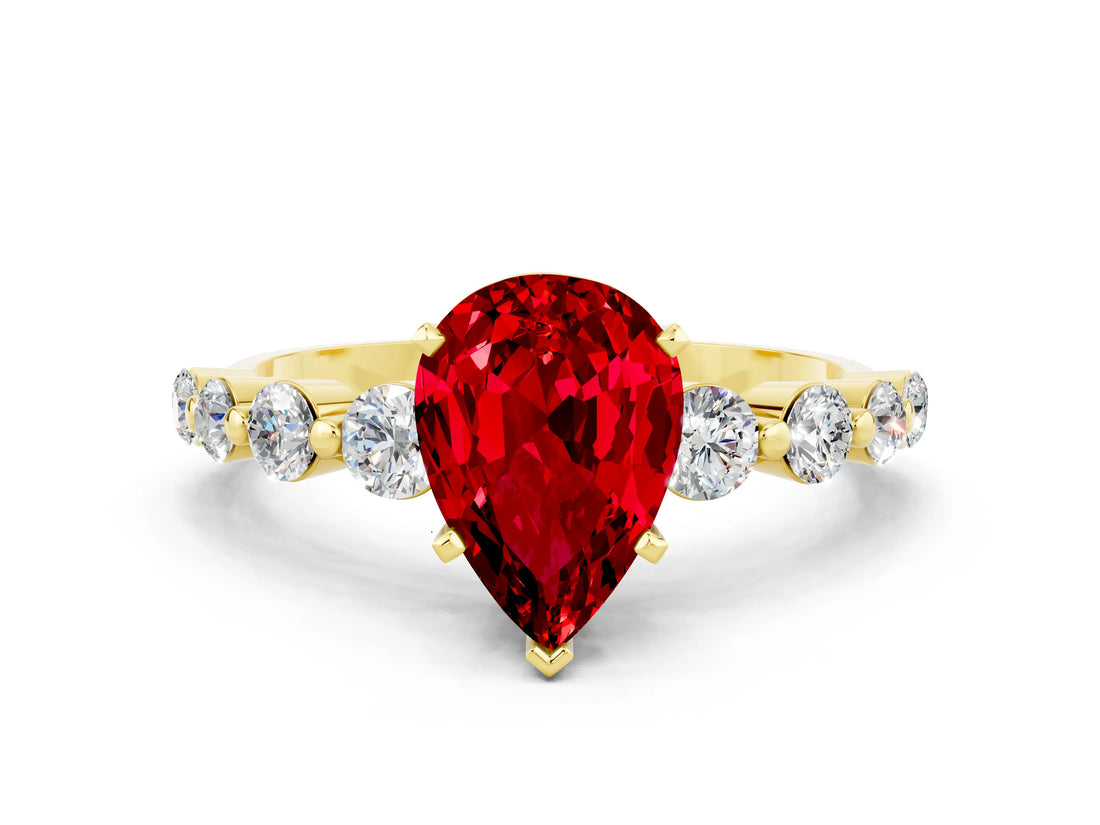 Yellow gold Pear Cut Solitaire Ruby Ring with Pave Band and Four-Prong Setting