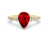 Yellow gold Pear Cut Solitaire Ruby Ring with Pave Band and Four-Prong Setting