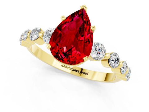 Yellow gold Pear Cut Solitaire Ruby Ring with Pave Band and Four-Prong Setting_1