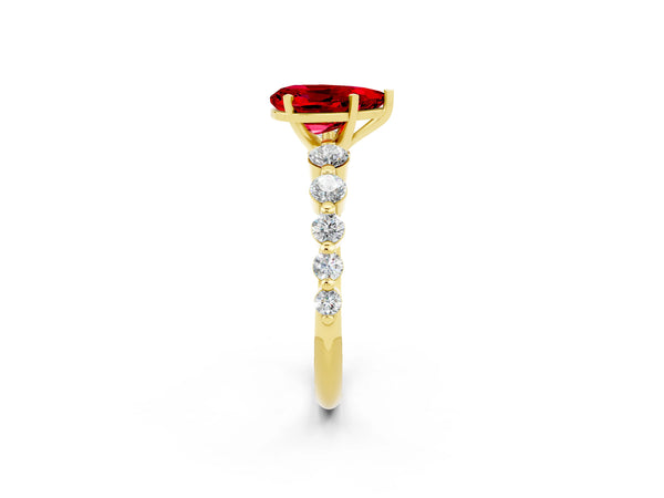 Yellow gold Pear Cut Solitaire Ruby Ring with Pave Band and Four-Prong Setting