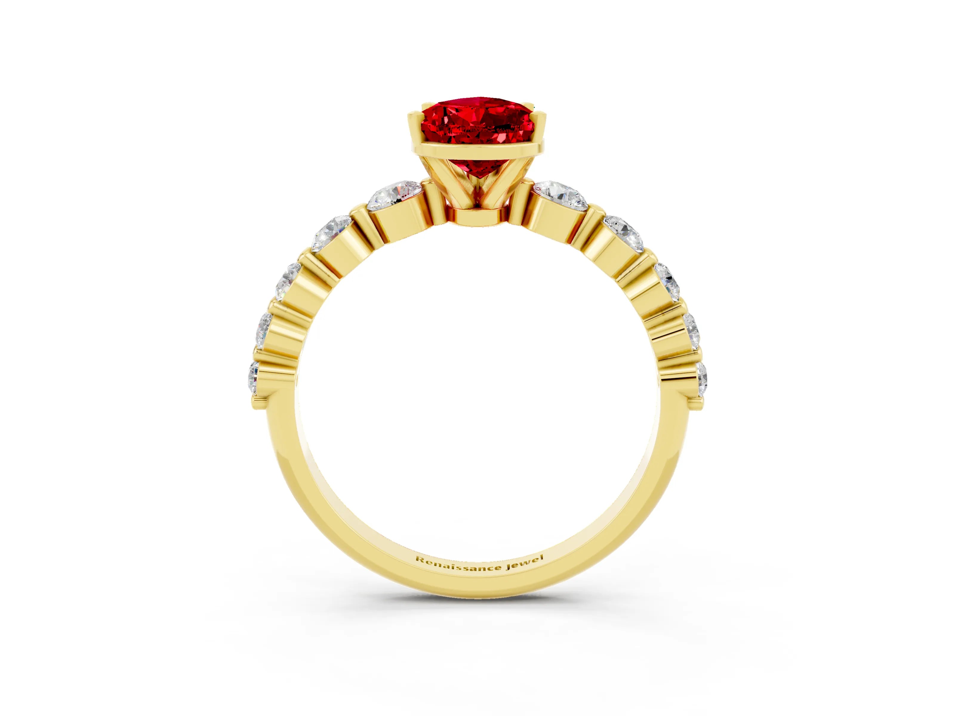 Yellow gold Pear Cut Solitaire Ruby Ring with Pave Band and Four-Prong Setting_3