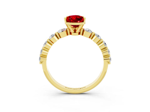 Yellow gold Pear Cut Solitaire Ruby Ring with Pave Band and Four-Prong Setting_3