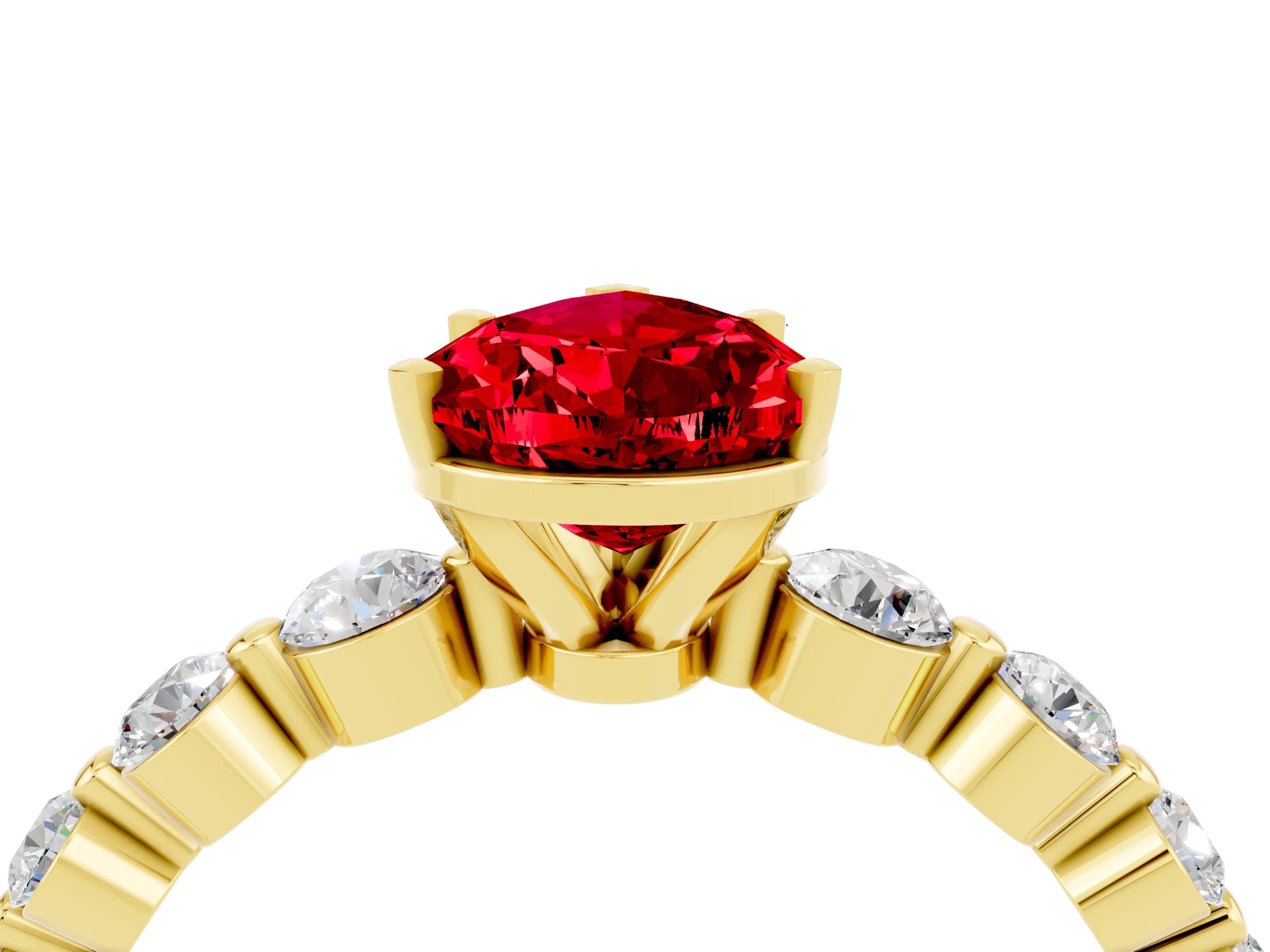 Yellow gold Pear Cut Solitaire Ruby Ring with Pave Band and Four-Prong Setting_4