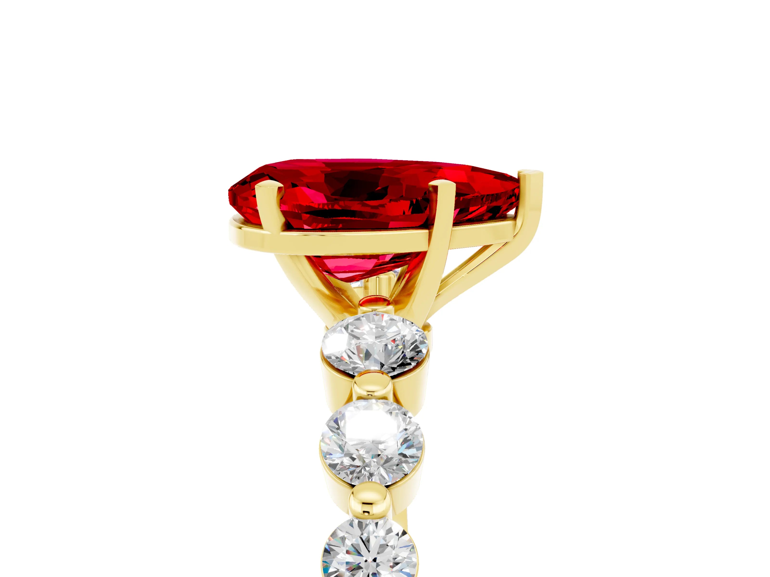 Yellow gold Pear Cut Solitaire Ruby Ring with Pave Band and Four-Prong Setting_5
