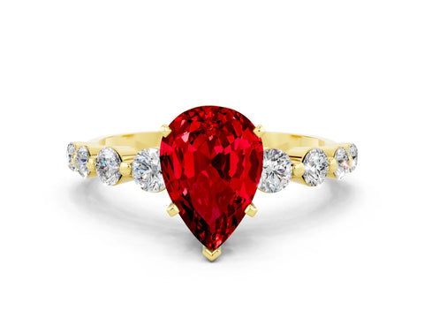 Yellow gold Pear Cut Solitaire Ruby Ring with Pave Band and Four-Prong Setting