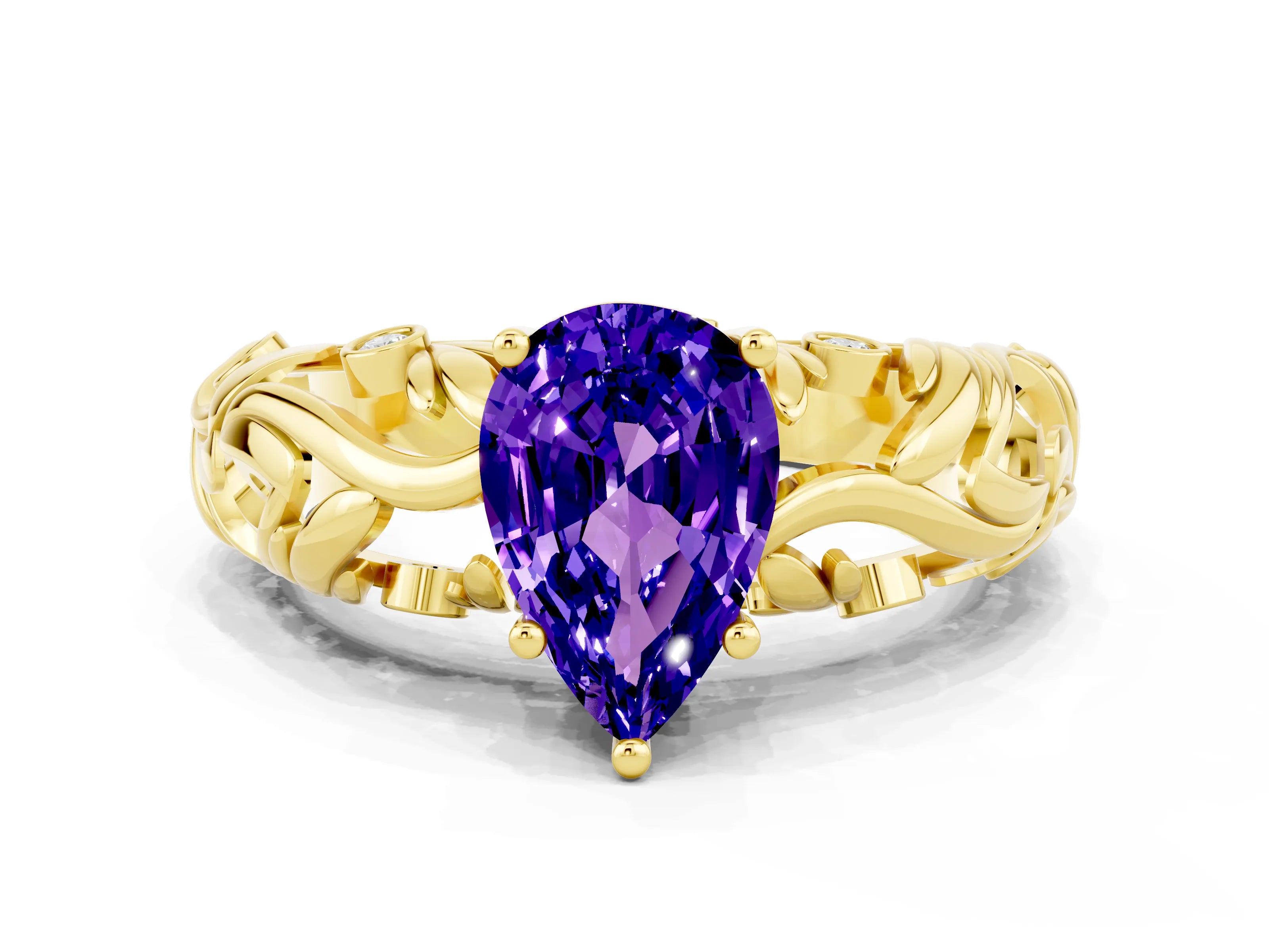 Yellow gold Pear Cut Solitaire Tanzanite Leaf-Inspired Vine Band Ring with Prong Setting