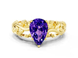 Yellow gold Pear Cut Solitaire Tanzanite Leaf-Inspired Vine Band Ring with Prong Setting