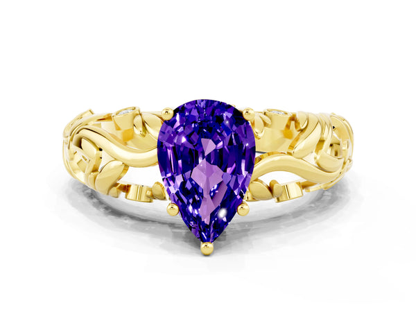 Yellow gold Pear Cut Solitaire Tanzanite Leaf-Inspired Vine Band Ring with Prong Setting