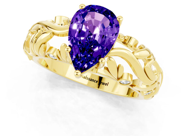 Yellow gold Pear Cut Solitaire Tanzanite Leaf-Inspired Vine Band Ring with Prong Setting