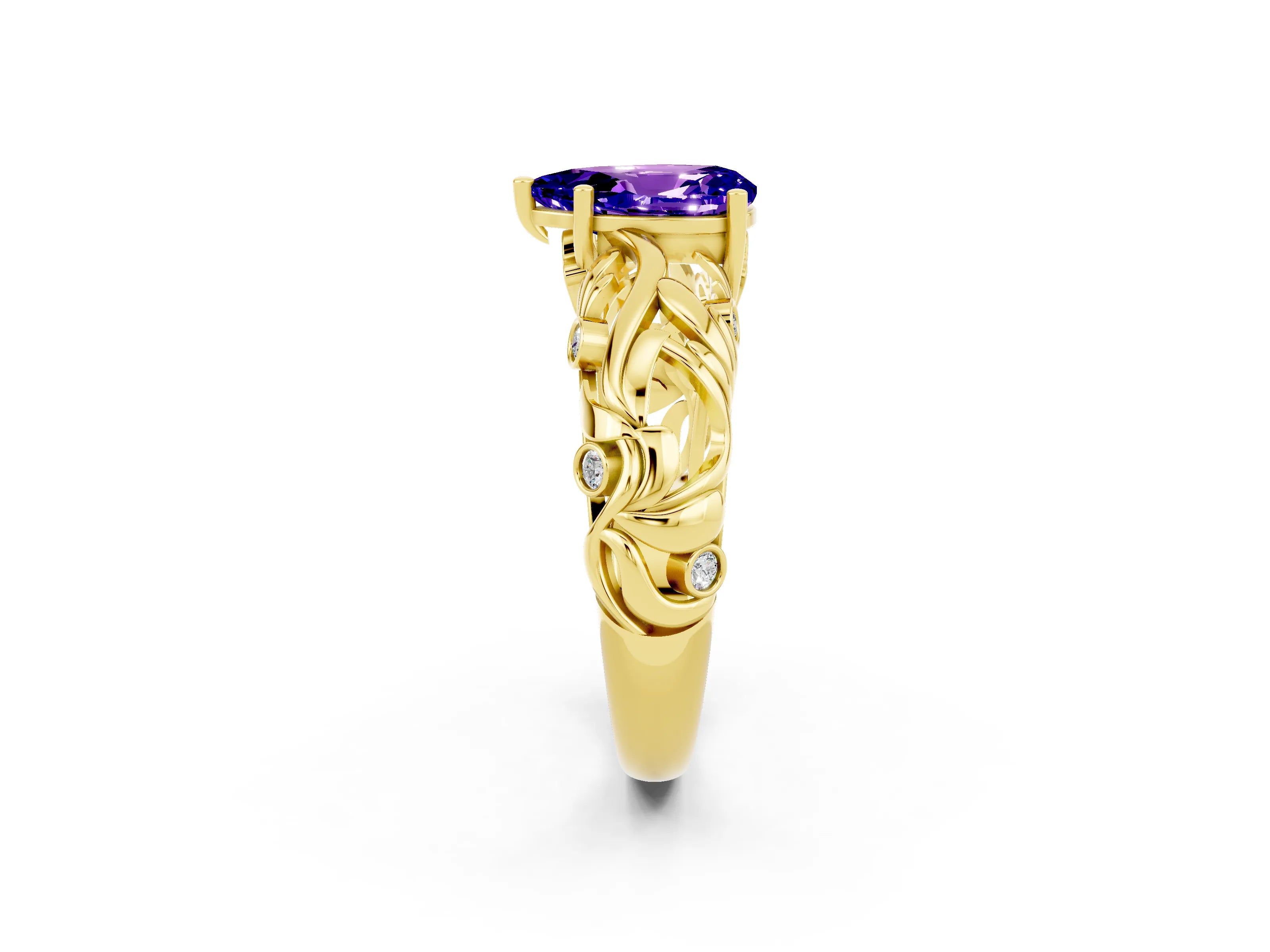 Yellow gold Pear Cut Solitaire Tanzanite Leaf-Inspired Vine Band Ring with Prong Setting_2