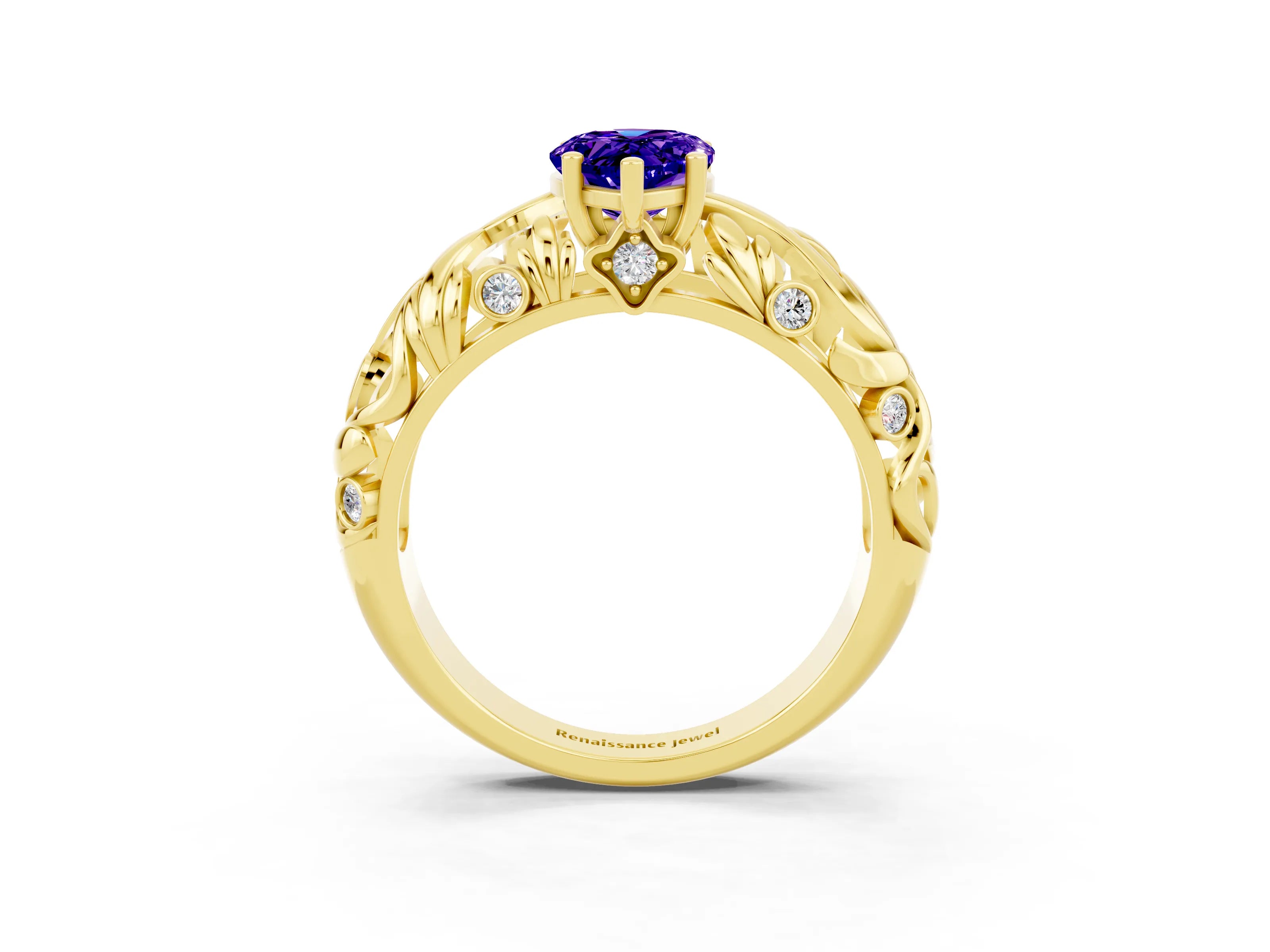 Yellow gold Pear Cut Solitaire Tanzanite Leaf-Inspired Vine Band Ring with Prong Setting_3