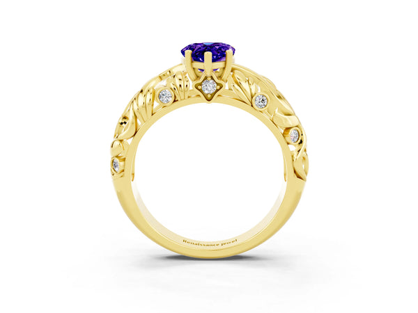 Yellow gold Pear Cut Solitaire Tanzanite Leaf-Inspired Vine Band Ring with Prong Setting
