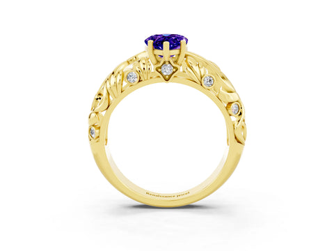 Yellow gold Pear Cut Solitaire Tanzanite Leaf-Inspired Vine Band Ring with Prong Setting_3
