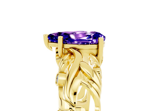 Yellow gold Pear Cut Solitaire Tanzanite Leaf-Inspired Vine Band Ring with Prong Setting_5