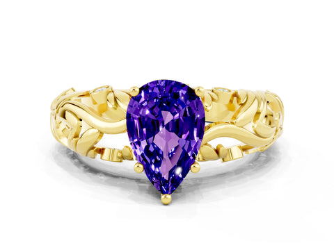 Yellow gold Pear Cut Solitaire Tanzanite Leaf-Inspired Vine Band Ring with Prong Setting