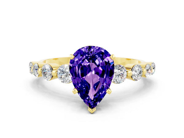 Yellow gold Pear Cut Solitaire Tanzanite Ring with Pave Band and Four-Prong Setting