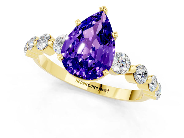 Yellow gold Pear Cut Solitaire Tanzanite Ring with Pave Band and Four-Prong Setting