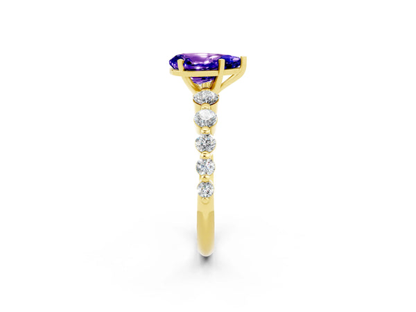 Yellow gold Pear Cut Solitaire Tanzanite Ring with Pave Band and Four-Prong Setting