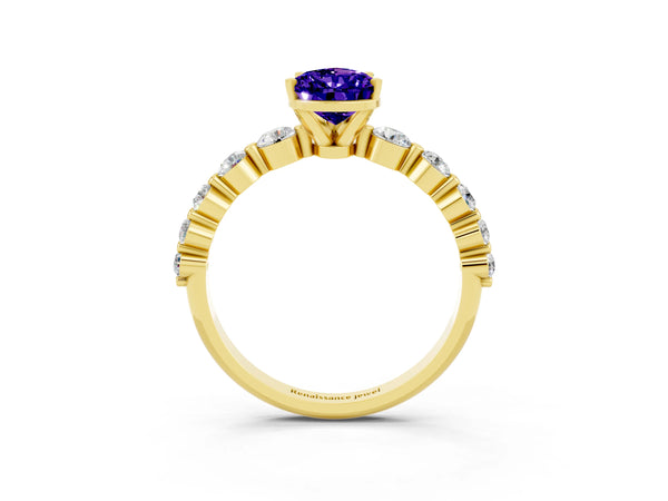 Yellow gold Pear Cut Solitaire Tanzanite Ring with Pave Band and Four-Prong Setting