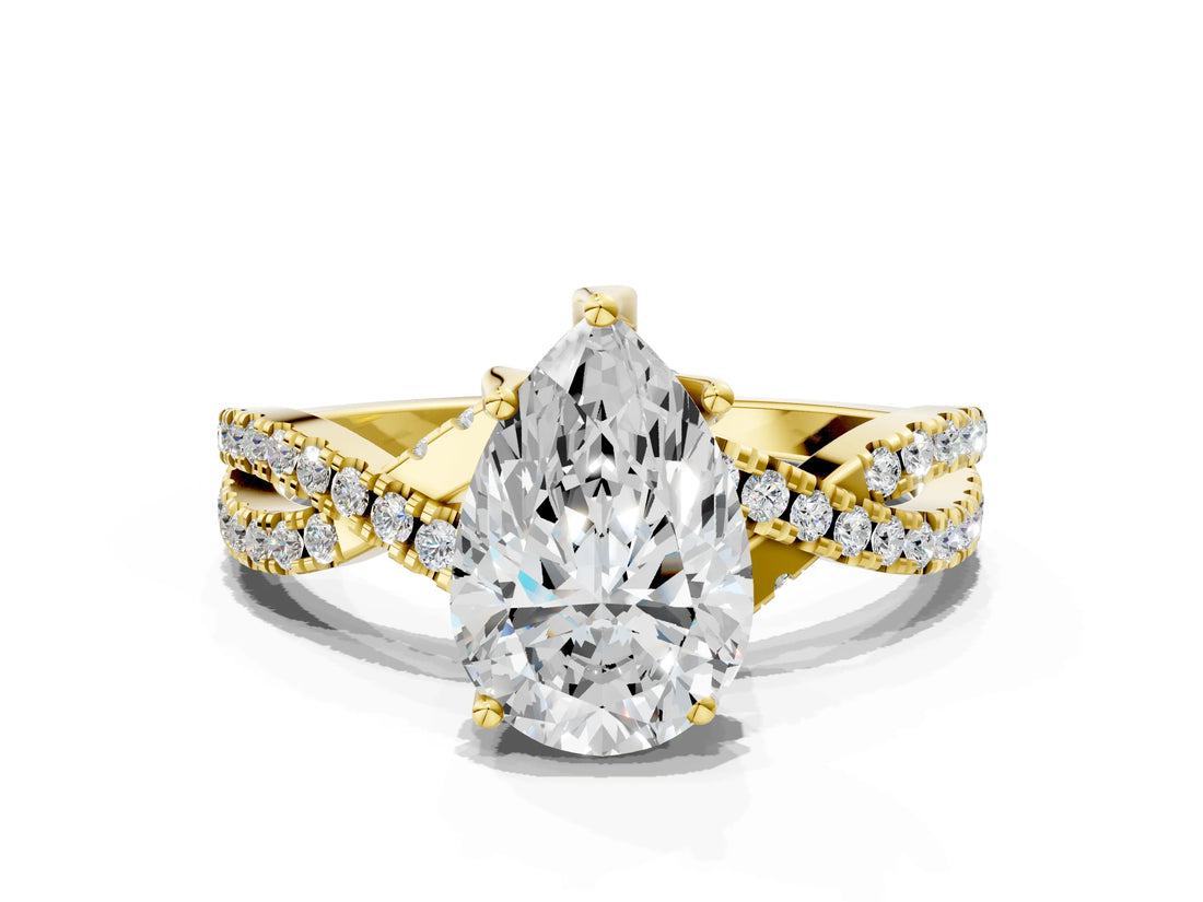 Yellow gold Pear Cut Solitaire Twist Pave Diamond Engagement Ring with Prong Setting_15