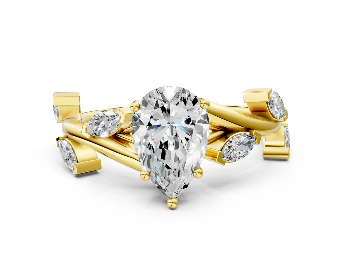 Yellow gold Pear Cut Solitaire Twisted Band Marquise Accent Prong Setting Ring_3