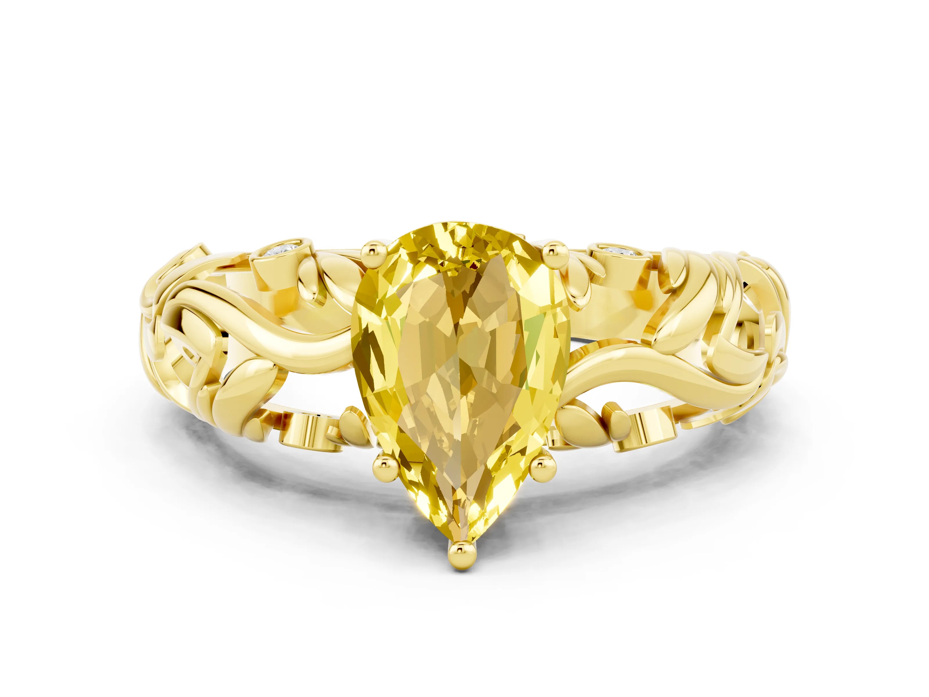 Yellow gold Pear Cut Solitaire Yellow Sapphire Leaf-Inspired Vine Band Ring with Prong Setting_24
