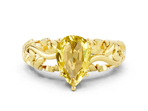 Yellow gold Pear Cut Solitaire Yellow Sapphire Leaf-Inspired Vine Band Ring with Prong Setting_24