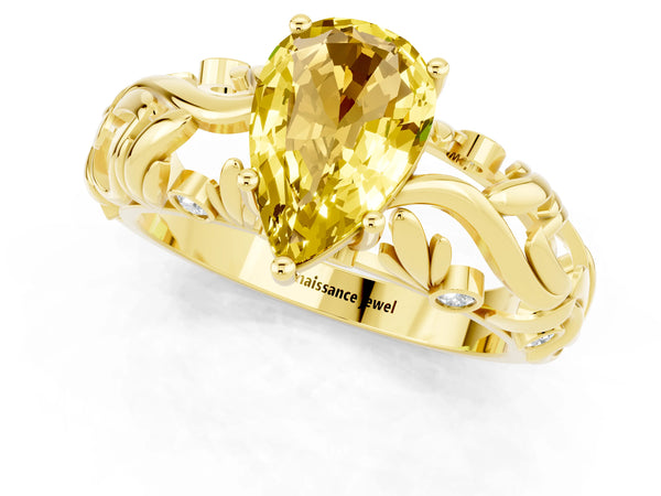 Yellow gold Pear Cut Solitaire Yellow Sapphire Leaf-Inspired Vine Band Ring with Prong Setting